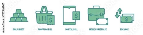 Exchange, Money Briefcase, Digital Bill, Shopping Bill, Gold Ingot editable stroke outline icons set isolated on white background flat vector illustration.