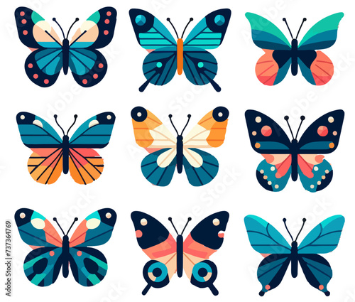 Set of butterflies of different colors and shapes. Beautiful flying insects. Vector illustration in cartoon flat style. © ZulHaq