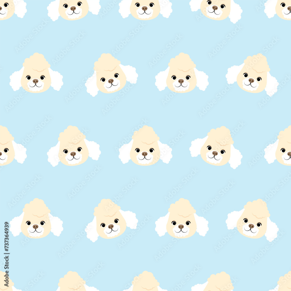 Cute poodle head in seamless pattern on blue background Cute poodle head in seamless pattern on blue background