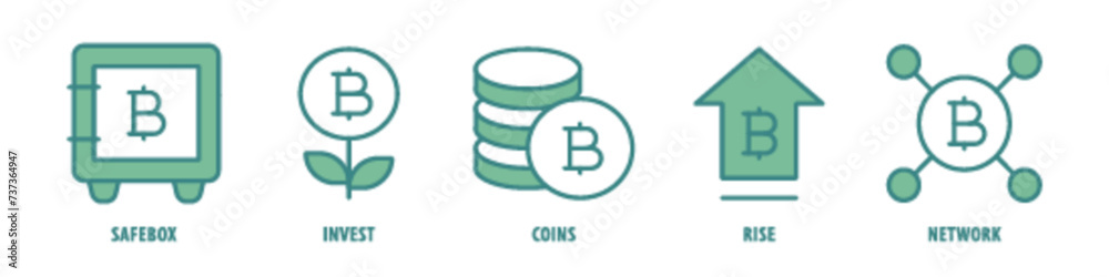 Network, Rise, Coins, Invest, Safebox editable stroke outline icons set isolated on white background flat vector illustration. Network, Rise, Coins, Invest, Safebox editable stroke outline icons set isolated on white background flat vector illustration.