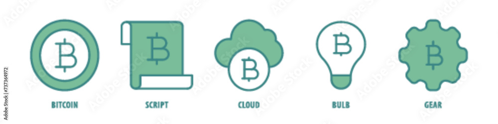 Gear, Bulb, Cloud, Script, Bitcoin editable stroke outline icons set isolated on white background flat vector illustration. Gear, Bulb, Cloud, Script, Bitcoin editable stroke outline icons set isolated on white background flat vector illustration.
