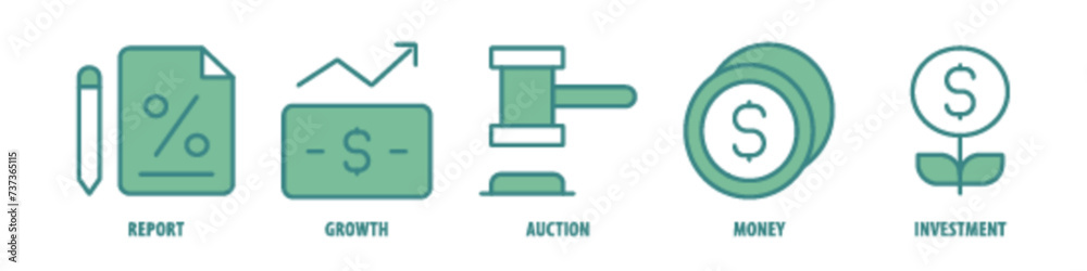 Investment, Money, Auction, Growth, Report editable stroke outline icons set isolated on white background flat vector illustration. Investment, Money, Auction, Growth, Report editable stroke outline icons set isolated on white background flat vector illustration.