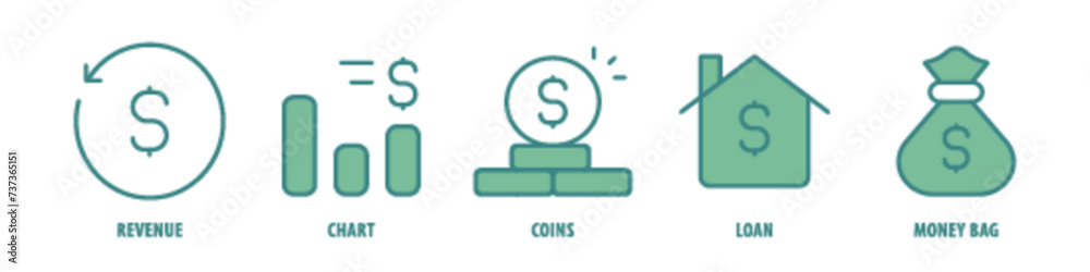 Money bag, Loan, Coins, Chart, Revenue editable stroke outline icons set isolated on white background flat vector illustration. Money bag, Loan, Coins, Chart, Revenue editable stroke outline icons set isolated on white background flat vector illustration.