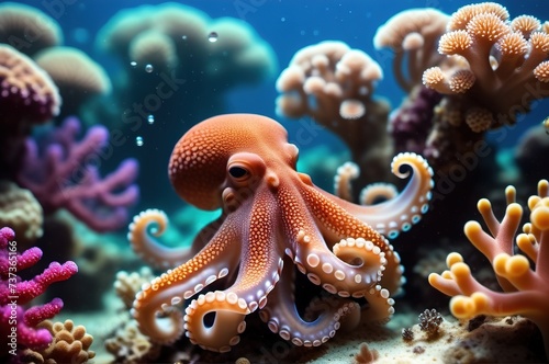 small octopus underwater in the middle of a colorful coral reef