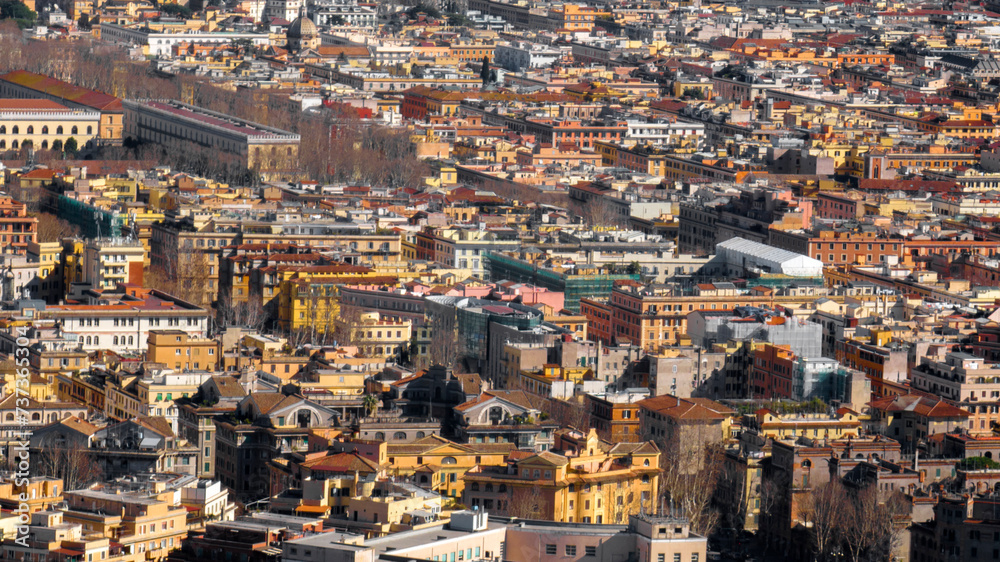 Aerial view on the houses and buildings of the Prati district in the historic center of Rome, Italy.