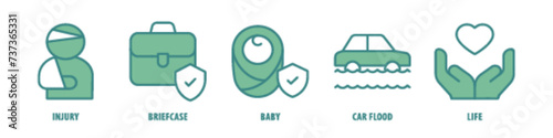 Life, Car Flood, Baby, Briefcase, Injury editable stroke outline icons set isolated on white background flat vector illustration.