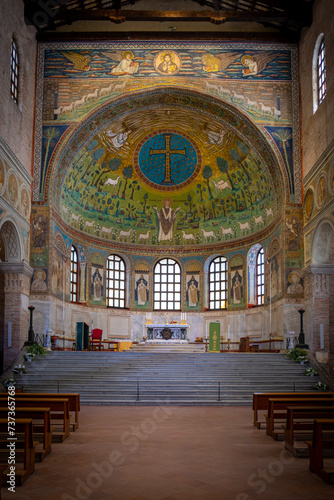 Interior of Basilica of Sant’Apollinare in Classe, which has important examples of early Christian Byzantine art and architecture. Ravenna, Emilia Romagna, Italy, Europe.