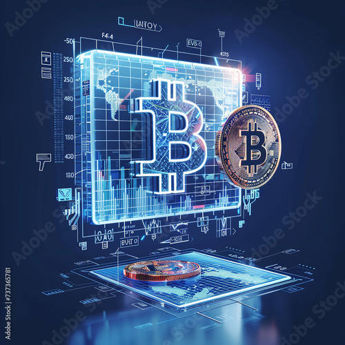 Bitcoin coins and trading chart scene (3D Illustration)