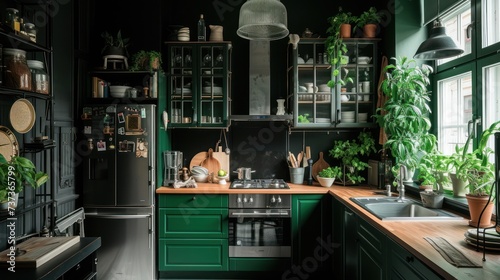 a kitchen filled with lots of green cupboards sink and a stove top oven window.