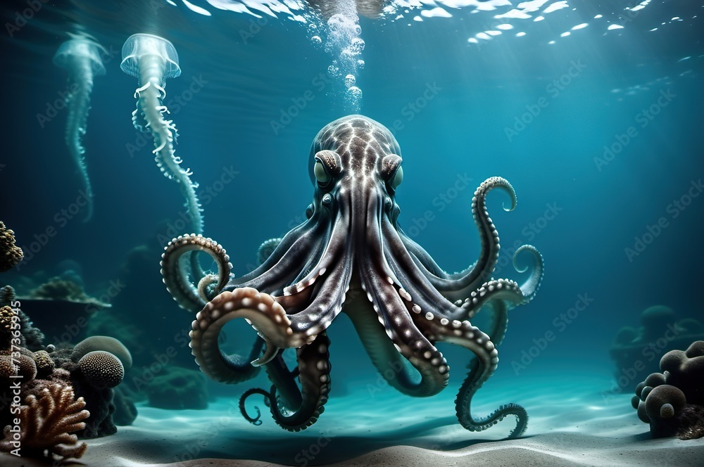 Fototapeta premium Big and scary octopus underwater in the ocean, sea.