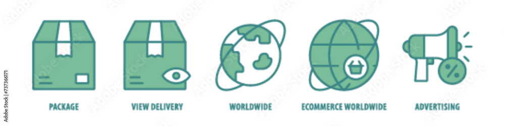 Advertising, E-commerce, Worldwide, Worldwide, View Delivery, Package editable stroke outline icons set isolated on white background flat vector illustration. Advertising, E-commerce, Worldwide, Worldwide, View Delivery, Package editable stroke outline icons set isolated on white background flat vector illustration.