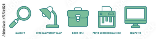 Computer, Paper shredder machine, Briefcase, Desk lamp/study lamp, Magnify editable stroke outline icons set isolated on white background flat vector illustration.