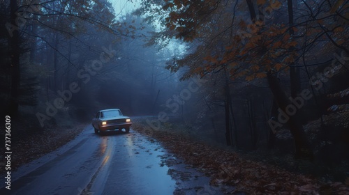 A vintage car with headlights on drives on a wet forest road surrounded by autumnal trees and enveloping mist, creating a moody scene photo