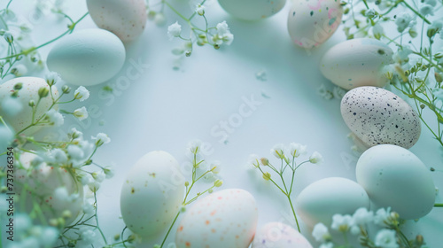 easter eggs on blue background with copy space area 