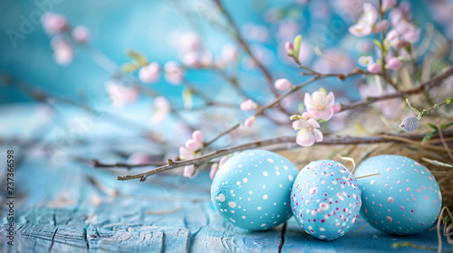 easter eggs on blue background  with copy space area 