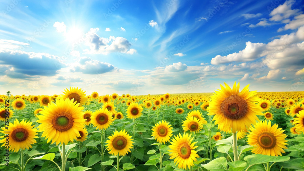 Sunflower field with blue sky. Created with generative AI