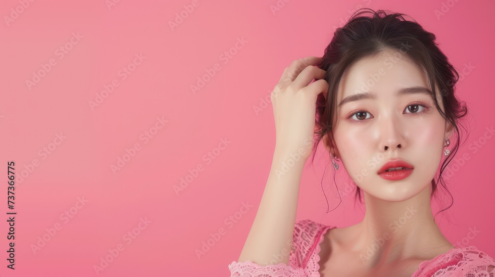 Beauty care theme: A beautiful Korean woman attending to her skin, set against a pink backdrop with copy space available. Beauty care theme: A beautiful Korean woman attending to her skin, set against a pink backdrop with copy space available.