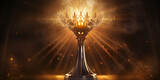 A golden trophy with flames lighting up a dark background in the style hype realistic   