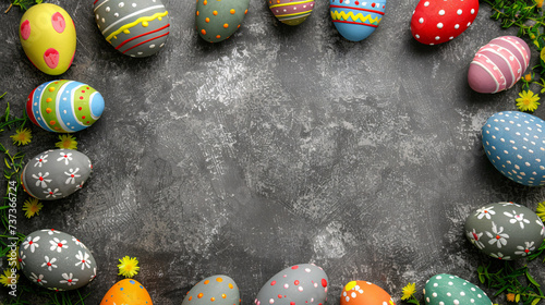 easter eggs and flowers on grey background with copy space area 