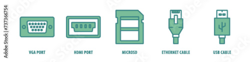 USB Cable, Ethernet Cable, MicroSD, HDMI Port, VGA Port editable stroke outline icons set isolated on white background flat vector illustration.