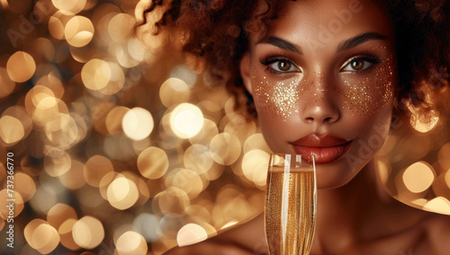 Elegant Woman with Champagne Celebrating.
A radiant woman with sparkling makeup holding a champagne flute, against a bokeh light background.