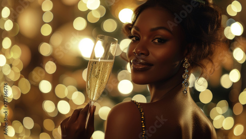 Radiant Woman with Champagne.
Elegant woman with sparkling champagne on festive background.
