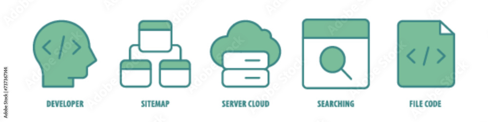 File Code, Searching, Server Cloud, Sitemap, Developer editable stroke outline icons set isolated on white background flat vector illustration. File Code, Searching, Server Cloud, Sitemap, Developer editable stroke outline icons set isolated on white background flat vector illustration.