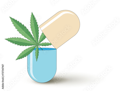 Cannabis Blatt in geöffneter Medizinkapsel,
Vektor Illustration isoliert auf weißem Hintergrund
