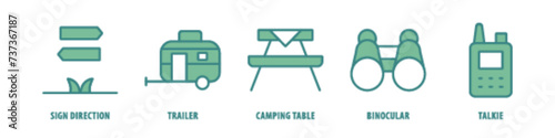 Talkie, Binocular, Camping Table, Trailer, Sign Direction editable stroke outline icons set isolated on white background flat vector illustration.