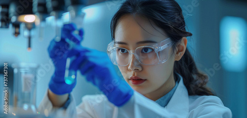 Portrait of female scientist holding test tube with a chemical substance, looking at it. Research and education in science for women. STEM girl concept.