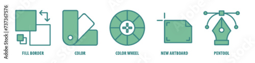 Pen tool, New Artboard, Color Wheel, Color, Fill Border editable stroke outline icons set isolated on white background flat vector illustration.
