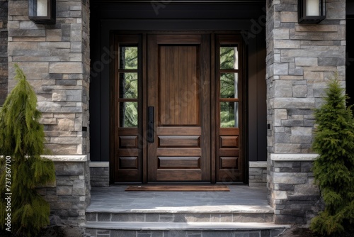 A photograph showcasing a front door with two windows and two lights, providing an inviting entrance to a building.