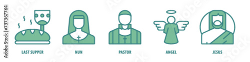 Jesus, Angel, Pastor, Nun, Last Supper editable stroke outline icons set isolated on white background flat vector illustration.