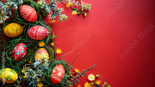 easter eggs and flowers on red background  with copy space area 