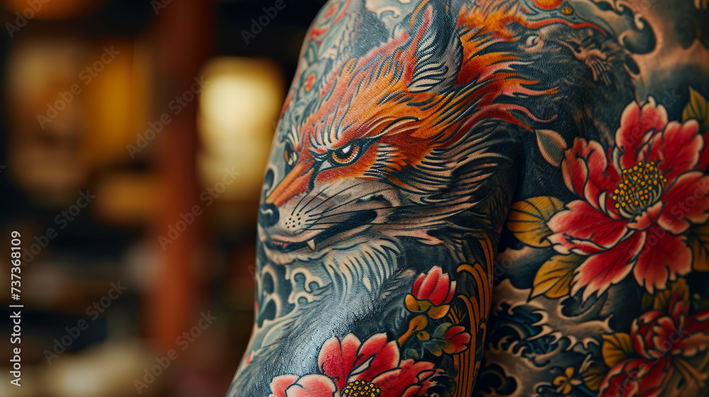 Japanese inspired tattoo with an aggressive fox on the upper arm