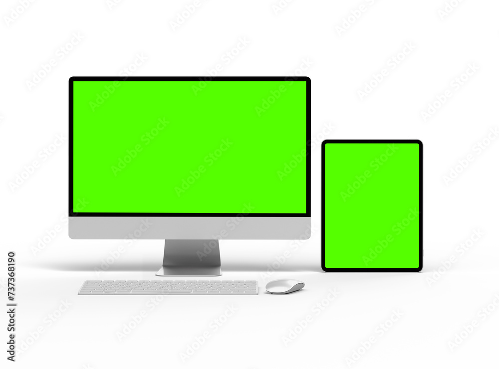 3D Render of desktop and tablet with green screens on a light background 3D Render of desktop and tablet with green screens on a light background