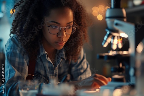 Portrait of a young female scientist working in a laboratory with a microscope. Research, innovations, education in science for women. Girls in STEM concept.  photo