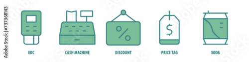 Soda, Price tag, Discount, Cash machine, EDC editable stroke outline icons set isolated on white background flat vector illustration.