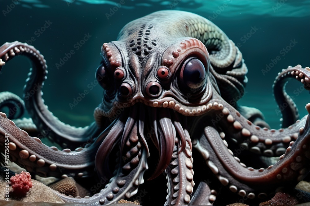 Fototapeta premium Fantastic scary, aggressive octopus kraken in the depths of the ocean