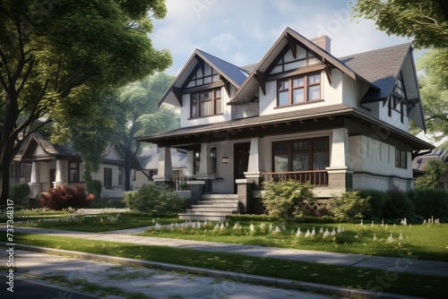 A realistic depiction of a house situated in a typical residential neighborhood.