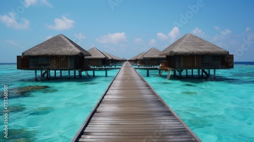 a pier leading to a row of over water huts on stilts in the middle of a body of water. © Olga