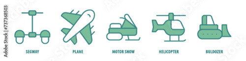 Bulldozer, Helicopter, Motor snow, Plane, Segway editable stroke outline icons set isolated on white background flat vector illustration.