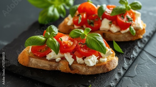 a close up of a piece of bread with tomatoes and cheese on it on a slate platter with basil leaves.