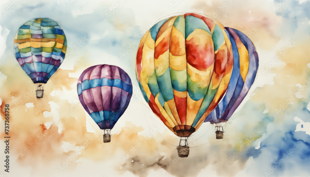 Naklejka premium Colorful Watercolor Hot Air Balloons in Sky