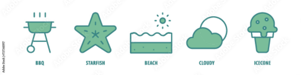 Ice cone, Cloudy, Beach, Starfish, BBQ editable stroke outline icons set isolated on white background flat vector illustration.