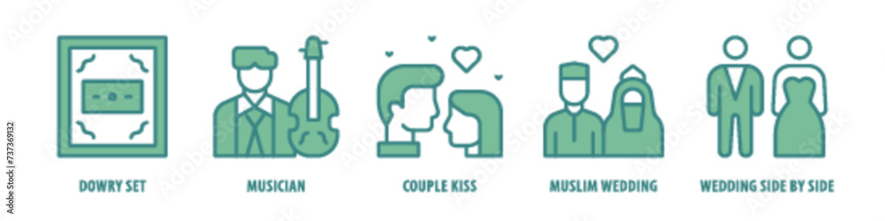 Wedding Side by Side, Muslim Wedding, Couple Kiss, Musician, Dowry Set editable stroke outline icons set isolated on white background flat vector illustration. Wedding Side by Side, Muslim Wedding, Couple Kiss, Musician, Dowry Set editable stroke outline icons set isolated on white background flat vector illustration.