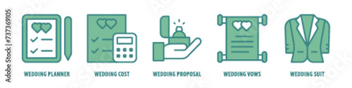Wedding Suit, Wedding Vows, Wedding Proposal, Wedding Cost, Wedding Planner editable stroke outline icons set isolated on white background flat vector illustration.