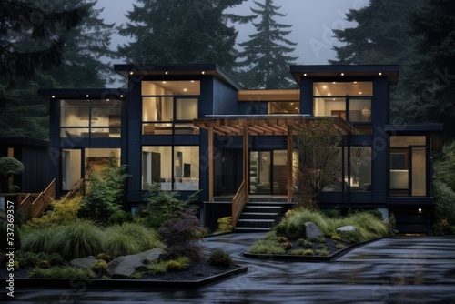 A photo of a house featuring numerous windows and a lush landscape filled with trees. © pham