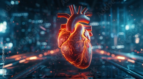 the heart is shown on a futuristic background, in the style of realistic hyperrealism, labcore photo