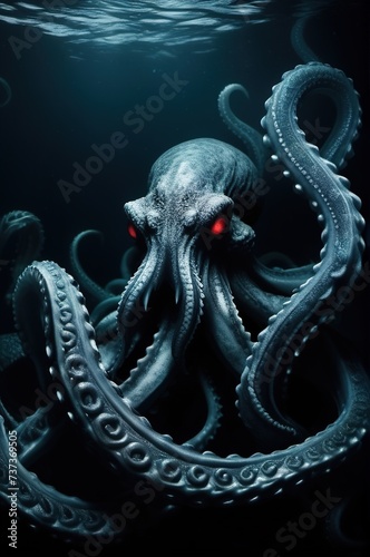 Giant octopus, fairy tale kraken in black water in the depths of the ocean.